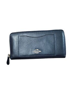 Coach Womens Navy Blue Leather Zip-Around Wallet With Multiple Card Slots & Gold